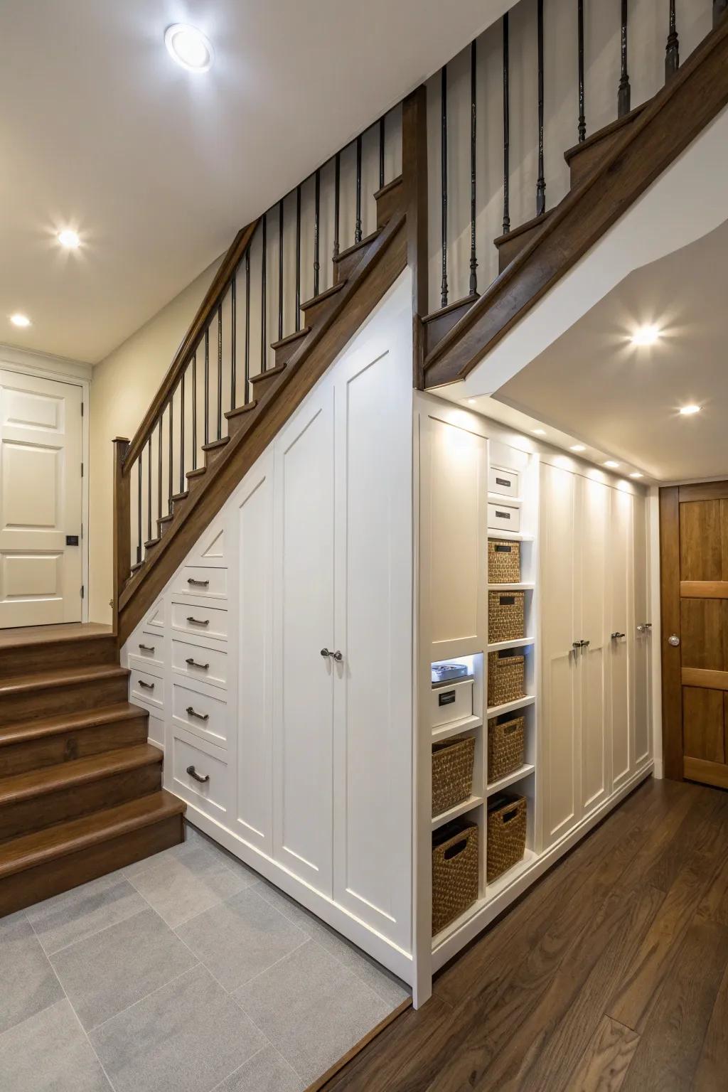 Hidden storage cabinets under stairs