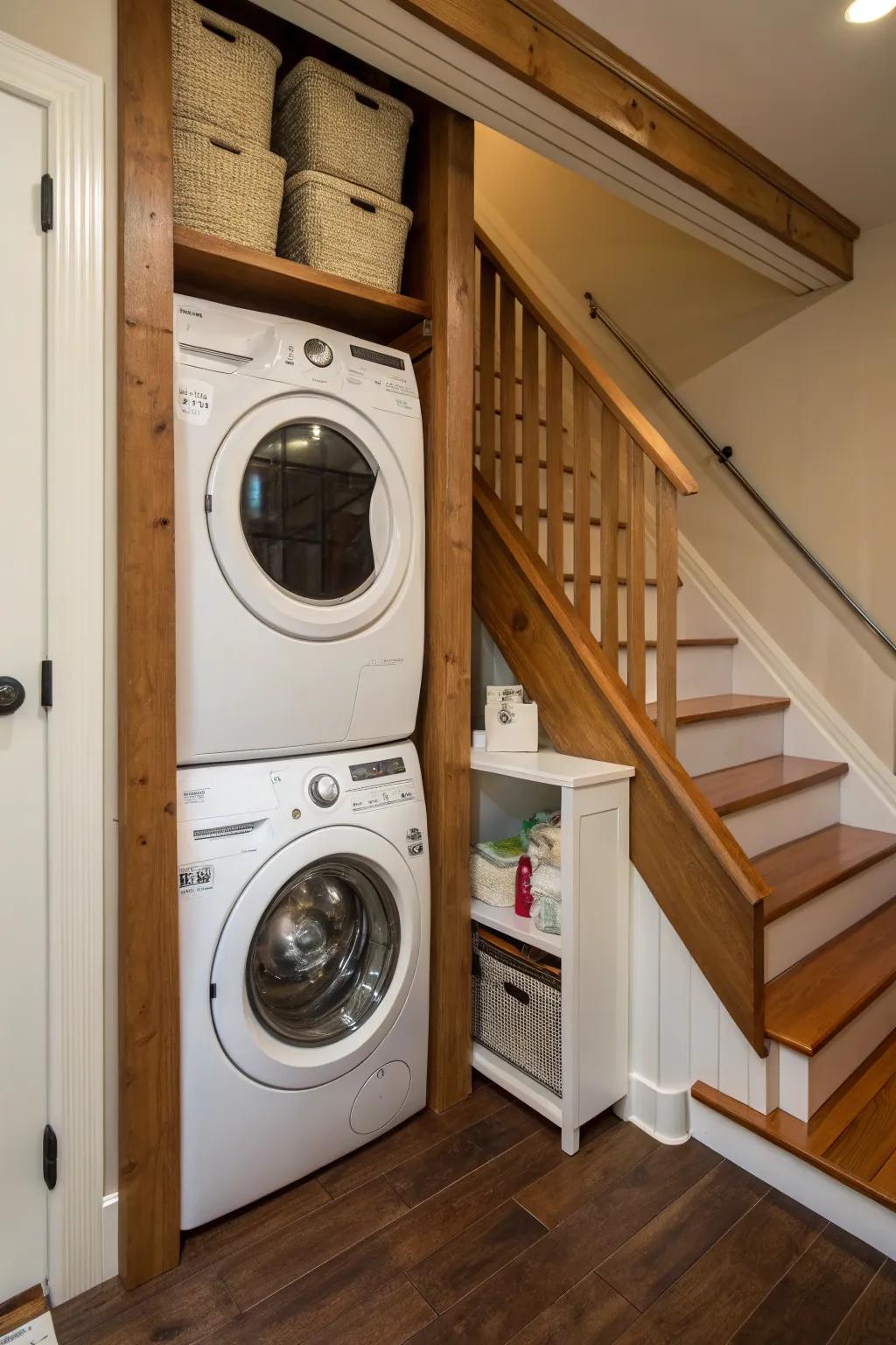 Compact laundry setup under stairs