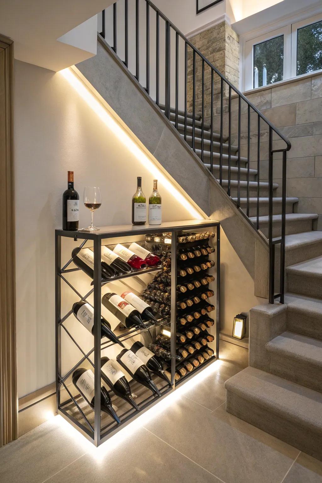 Under-stairs wine rack with ambient lighting