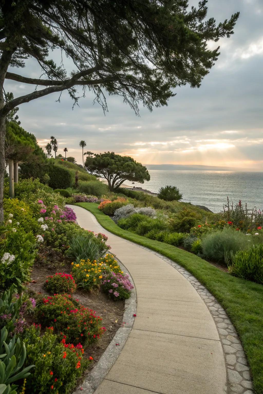 Curved garden paths invite exploration and mimic coastal lines.