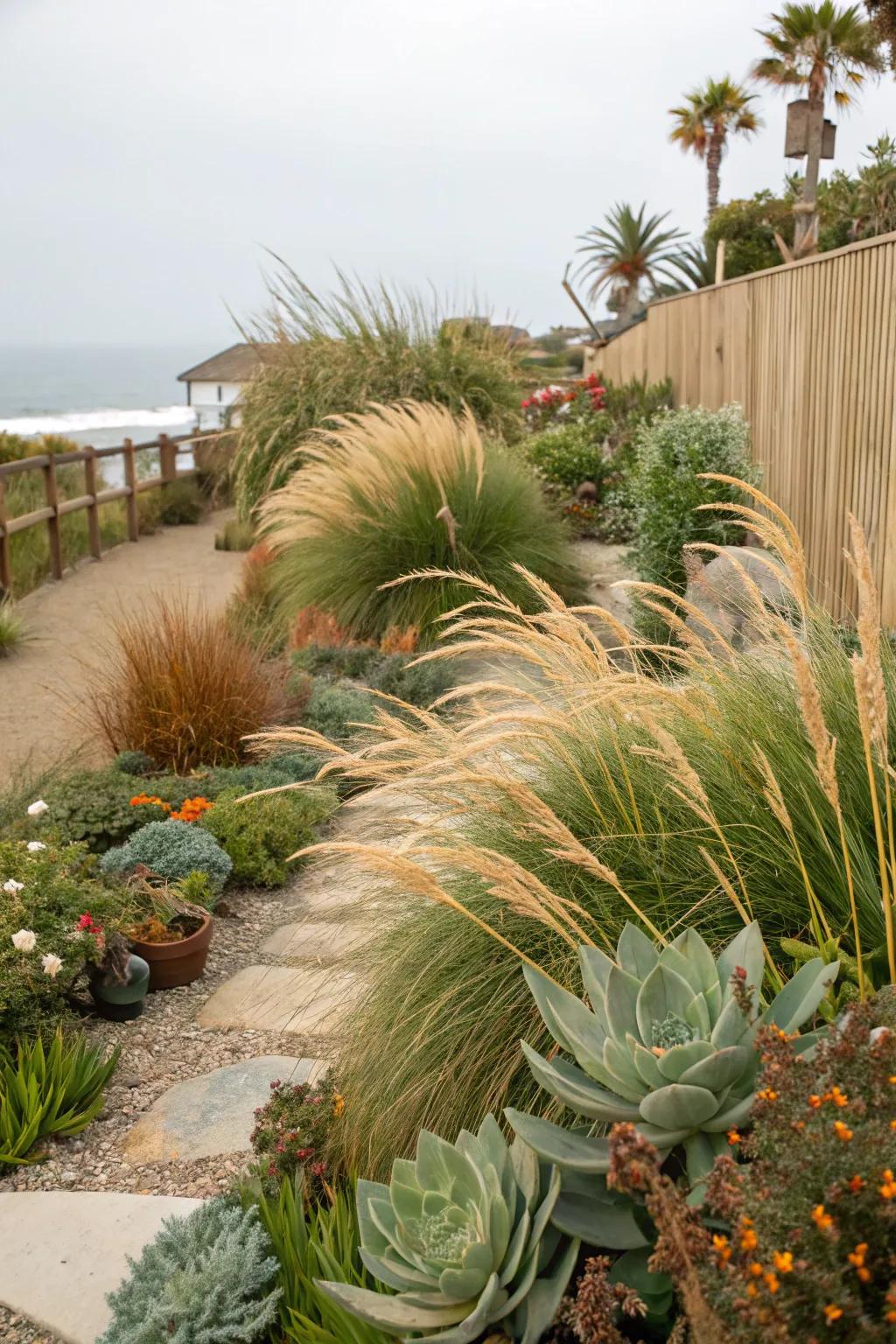 Ornamental grasses and succulents evoke seaside charm.