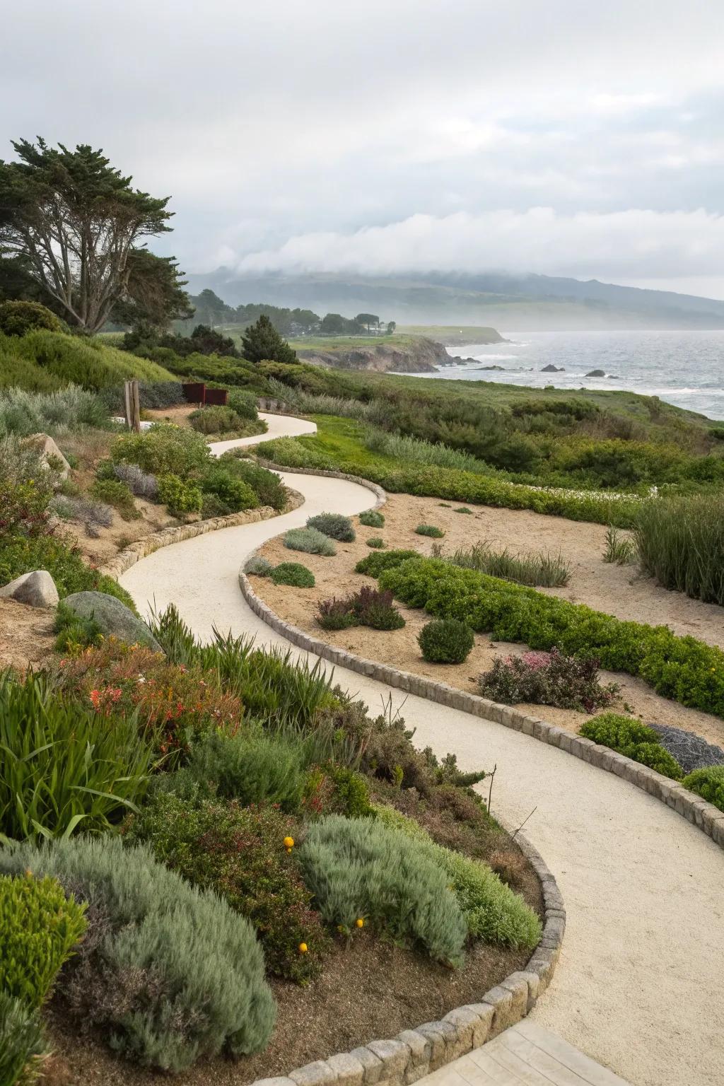 Natural curves create a balanced coastal garden design.