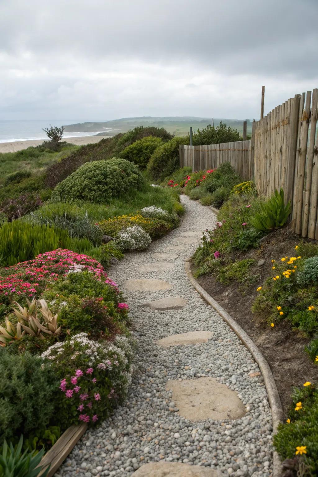 Gravel and stone paths add charm and functionality to coastal gardens.