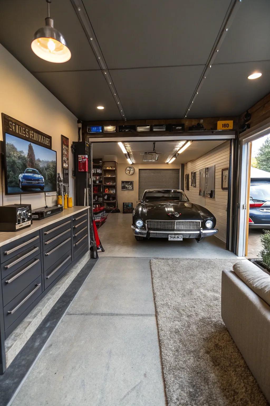 A stylish garage setup combines utility and flair.