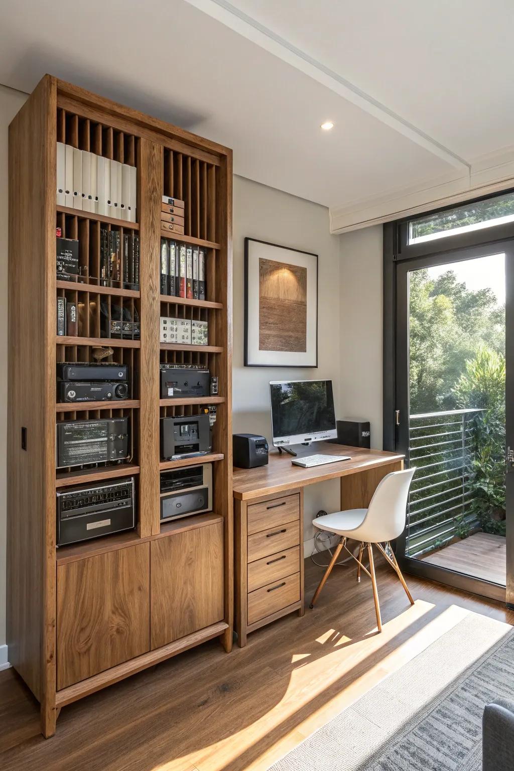 Wooden accents add warmth to your network rack.