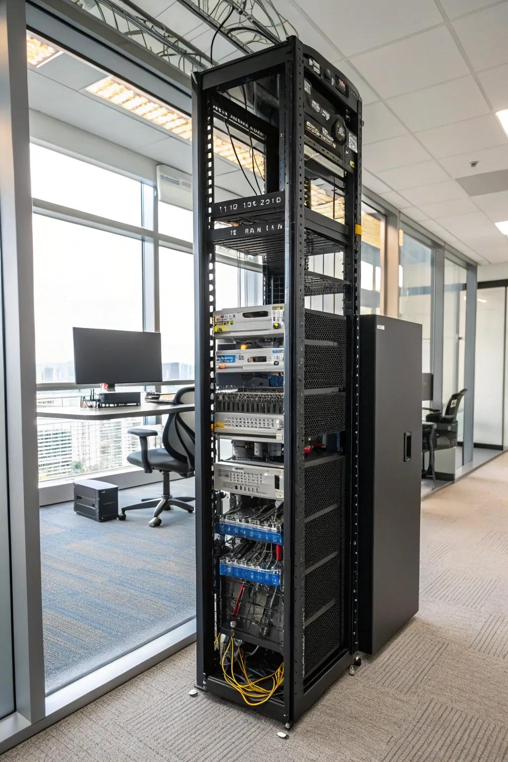 Utilize vertical space with a tall network rack.
