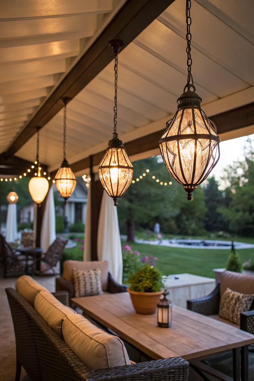 Hanging pendant lights add elegance and function to outdoor areas.