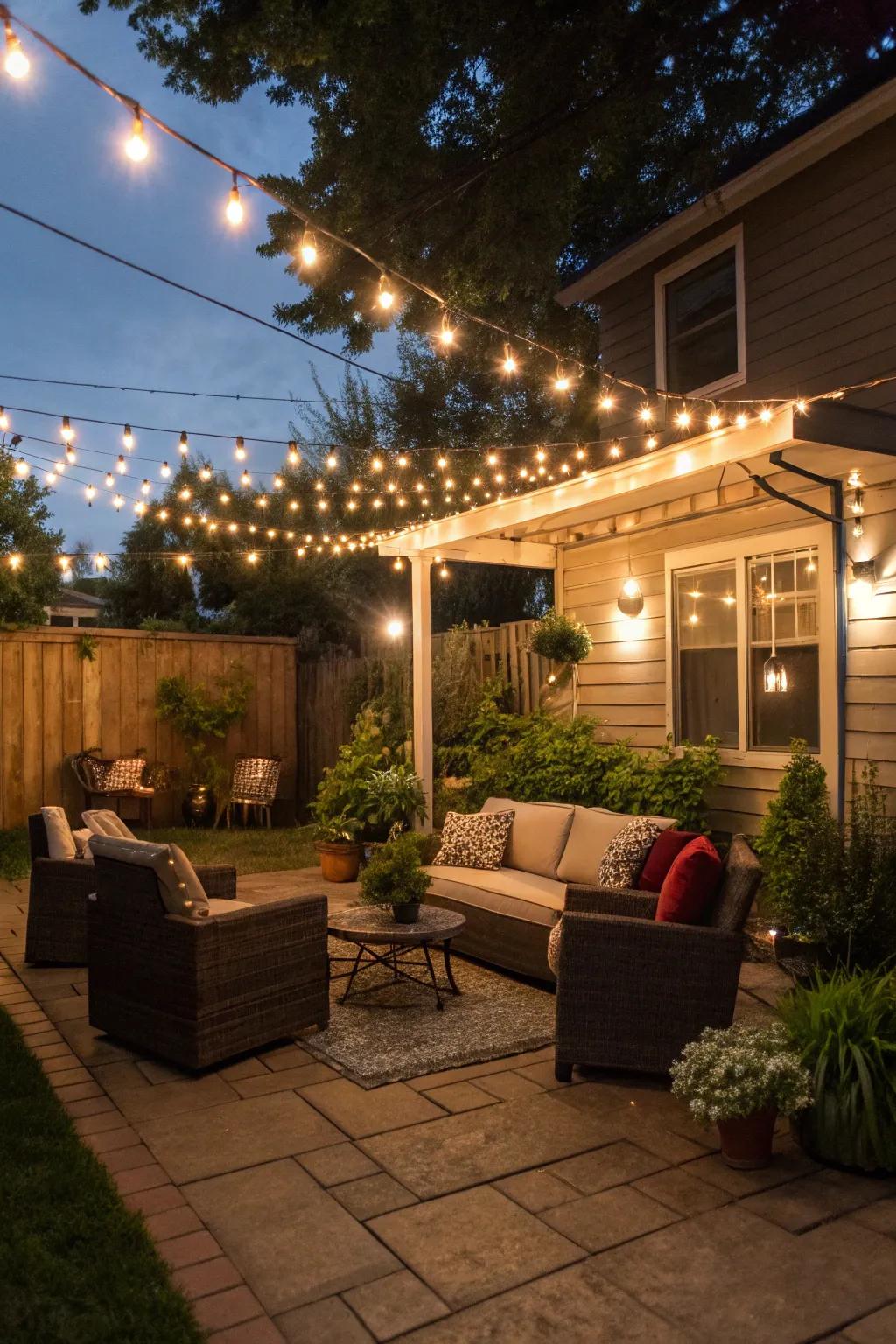 String lights create a dreamy canopy over outdoor seating.