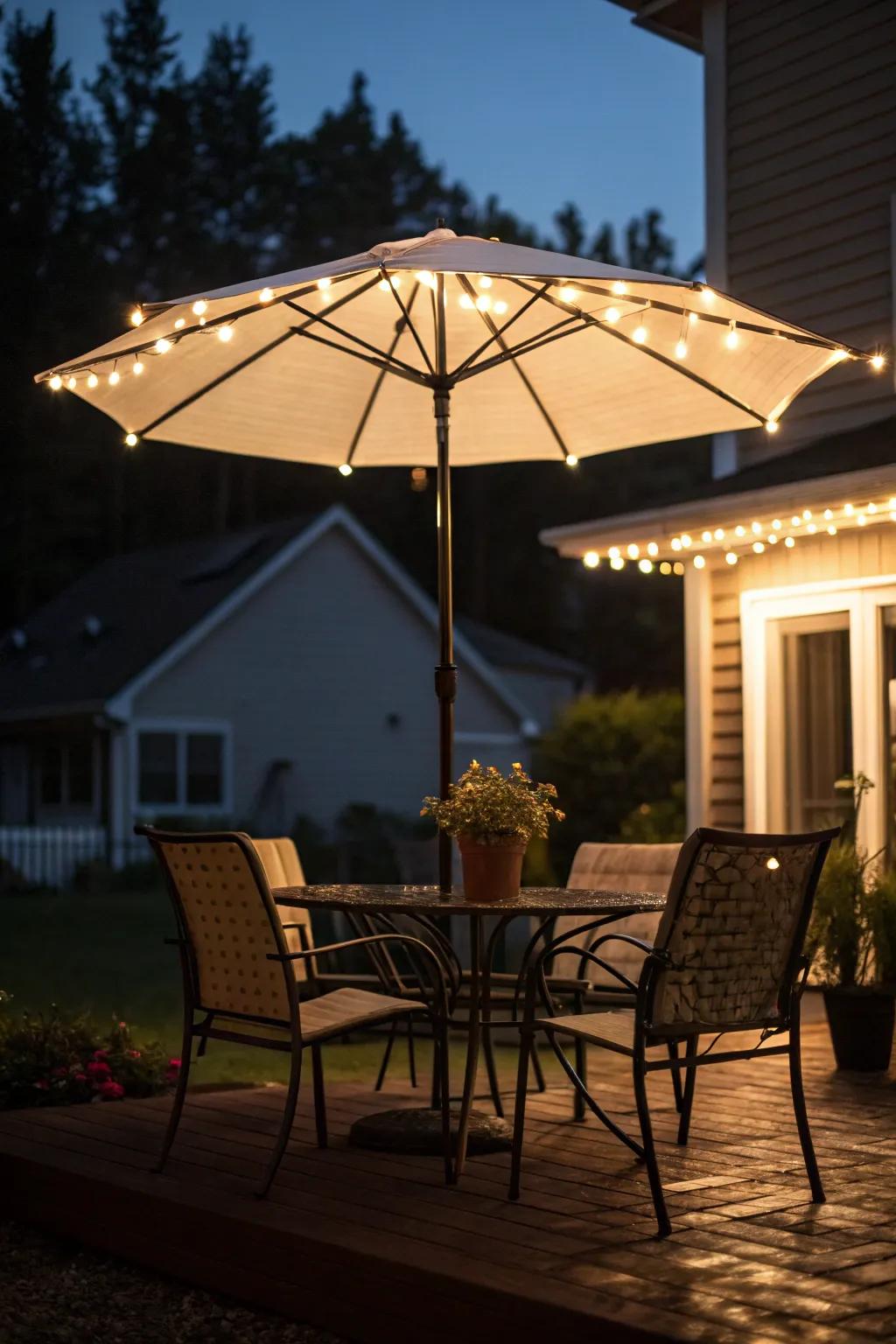 Lighted patio umbrellas brighten your outdoor space day and night.