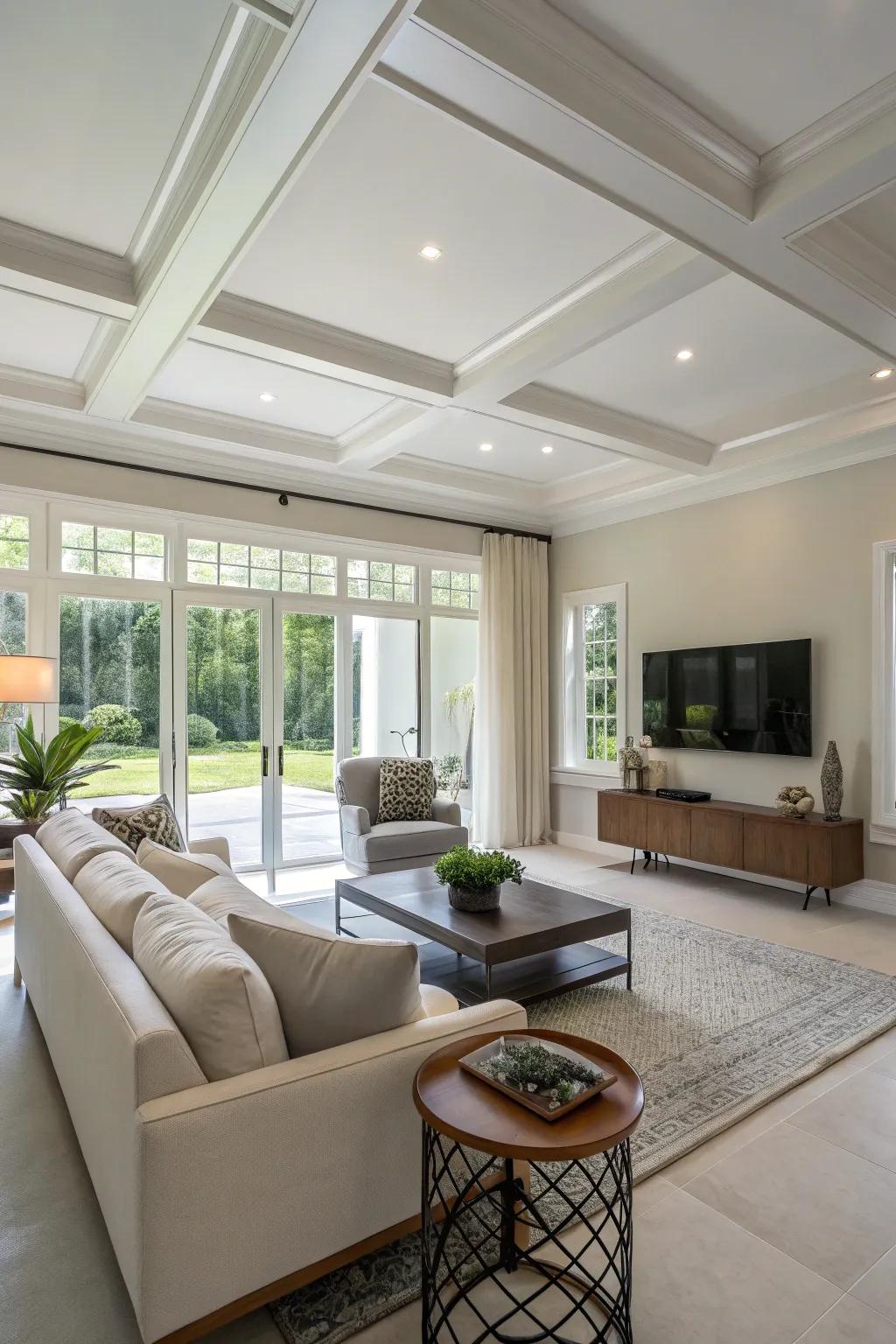 Neutral-toned ceiling with smooth finish for minimalist elegance.