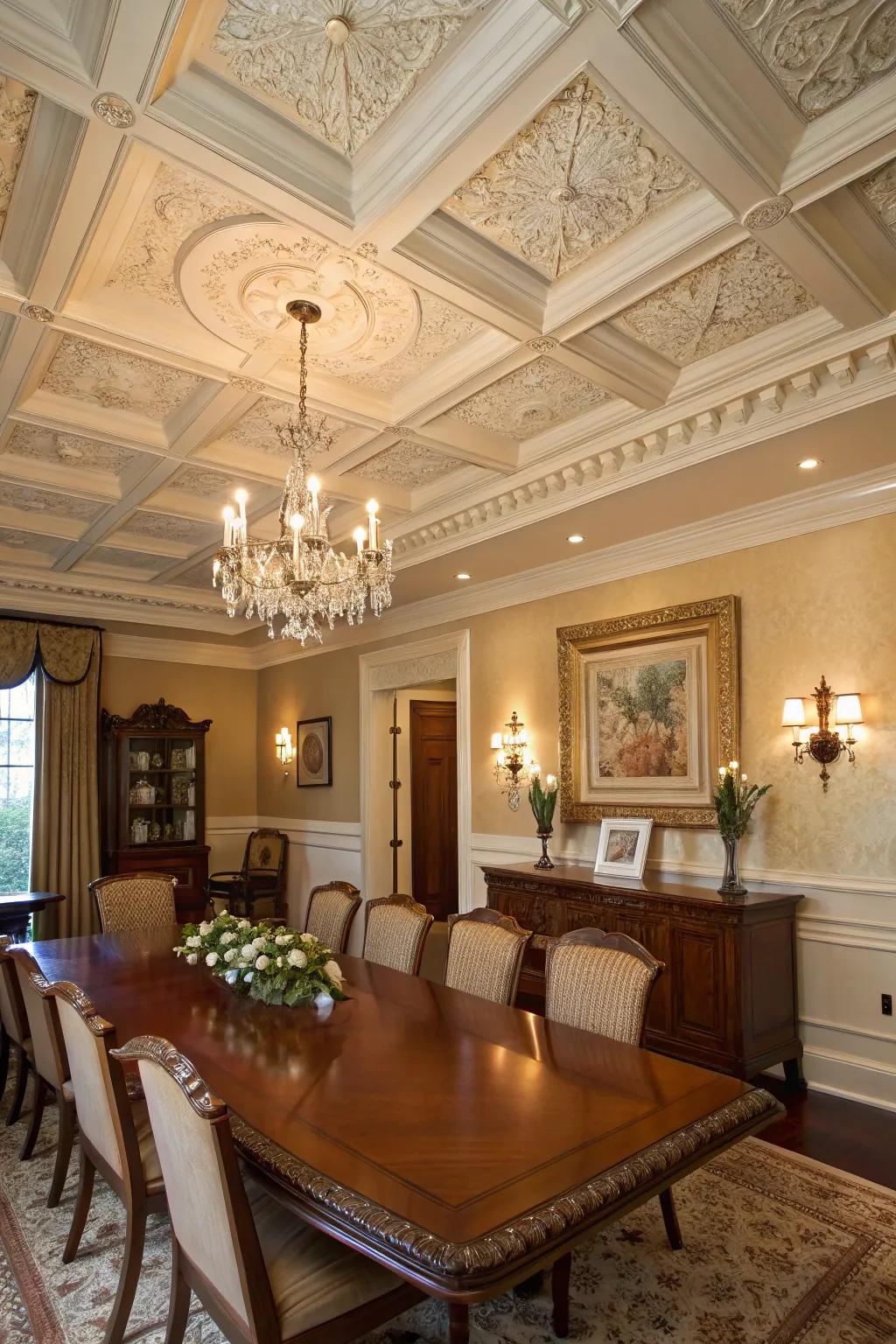 Coffered ceiling adding refined elegance to a dining room.