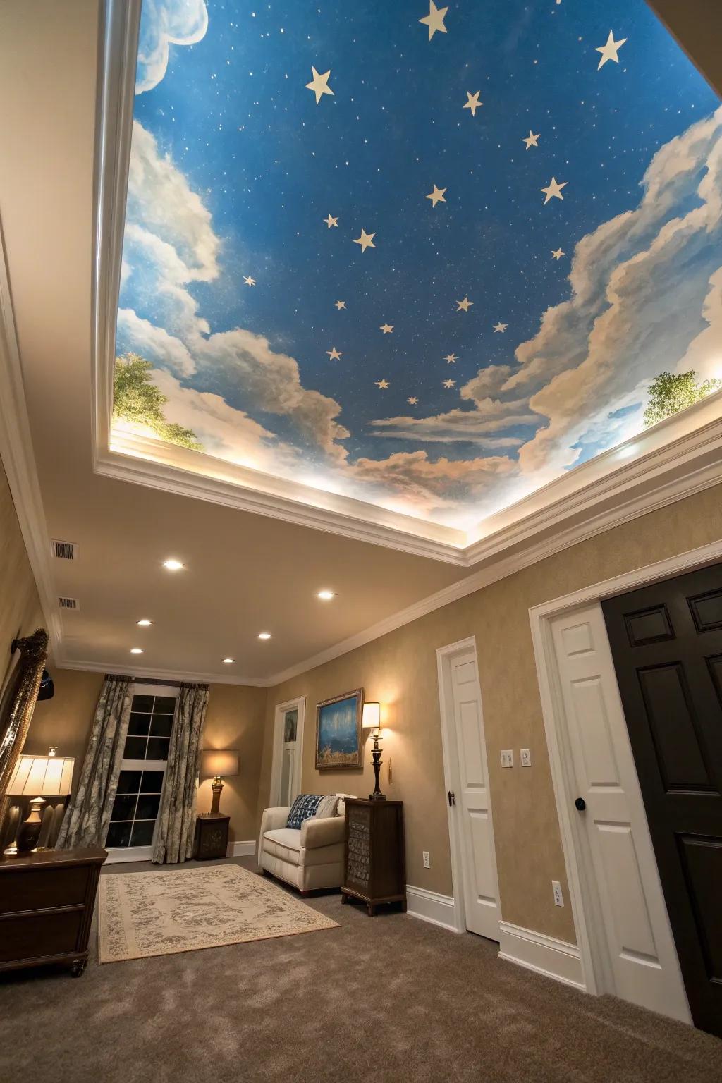 Custom mural turning the ceiling into a captivating artwork.