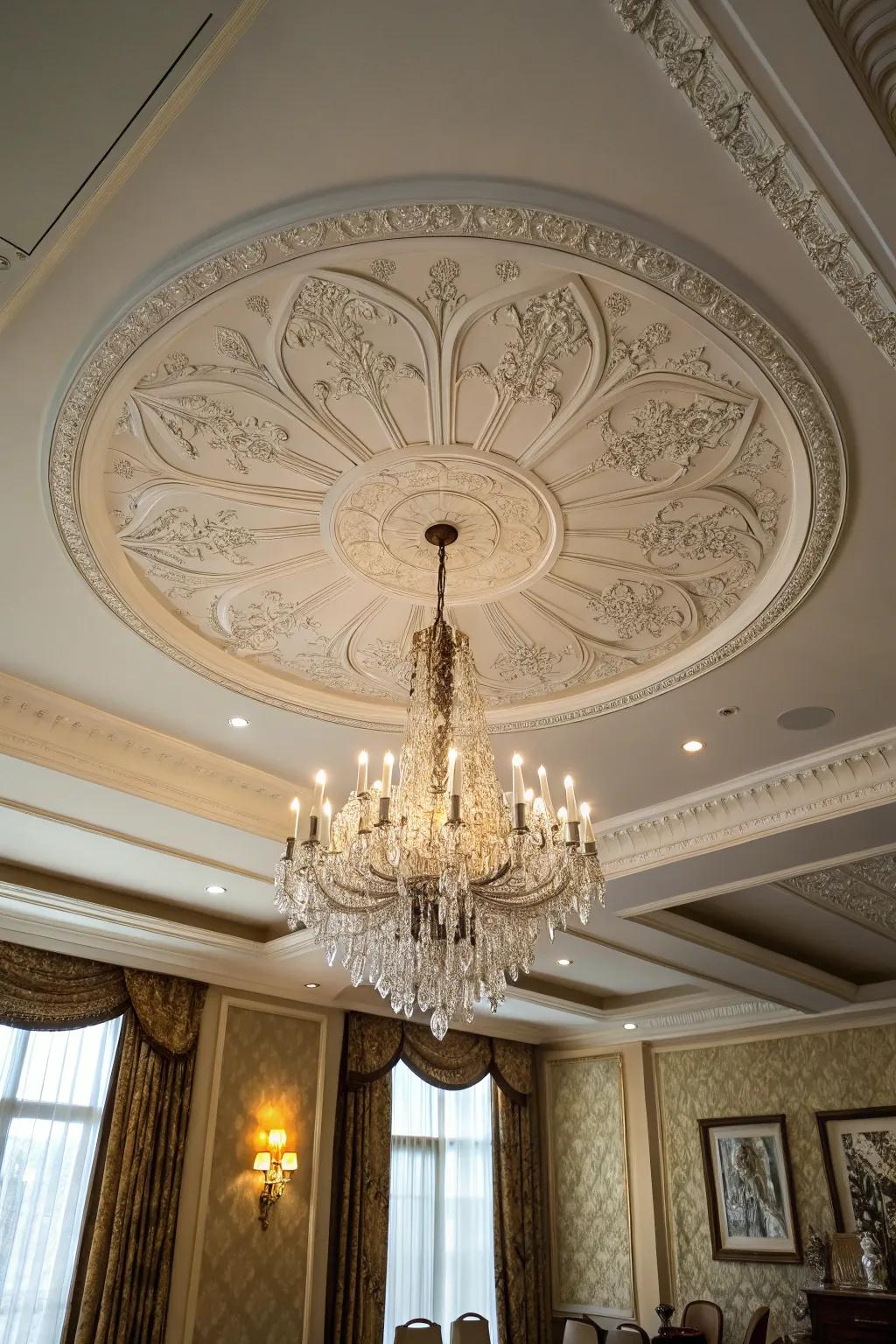 Ceiling medallions framing light fixtures with classic charm.