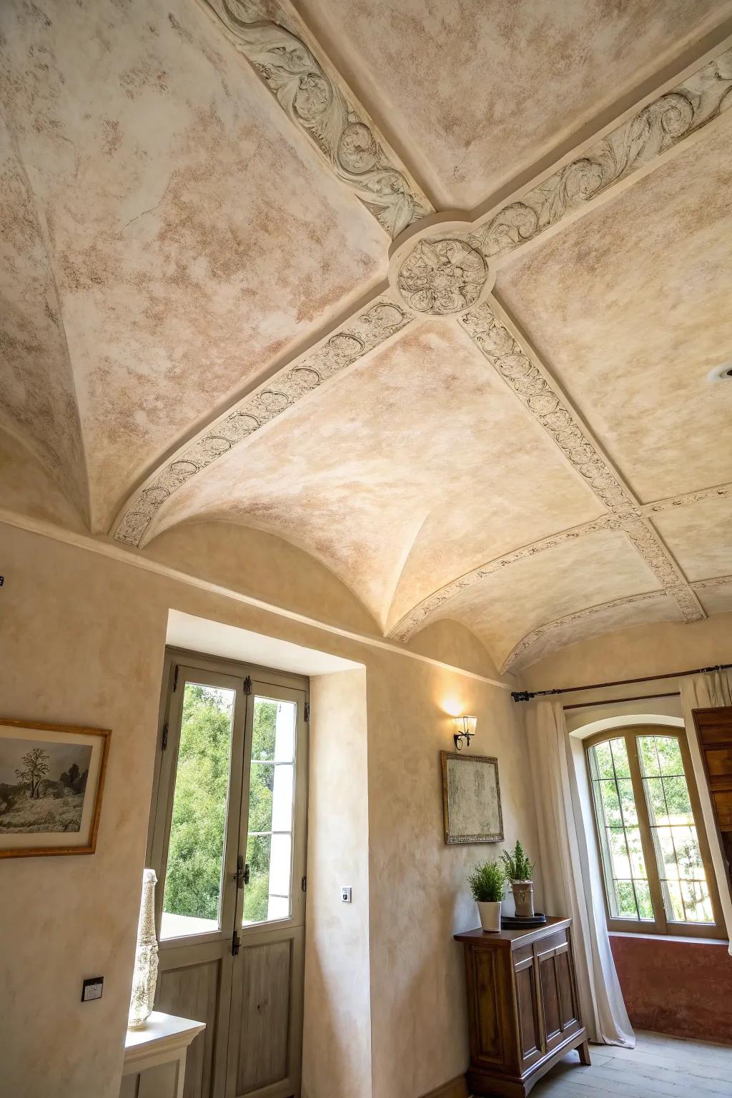 Limewash paint creating a textured, elegant ceiling finish.