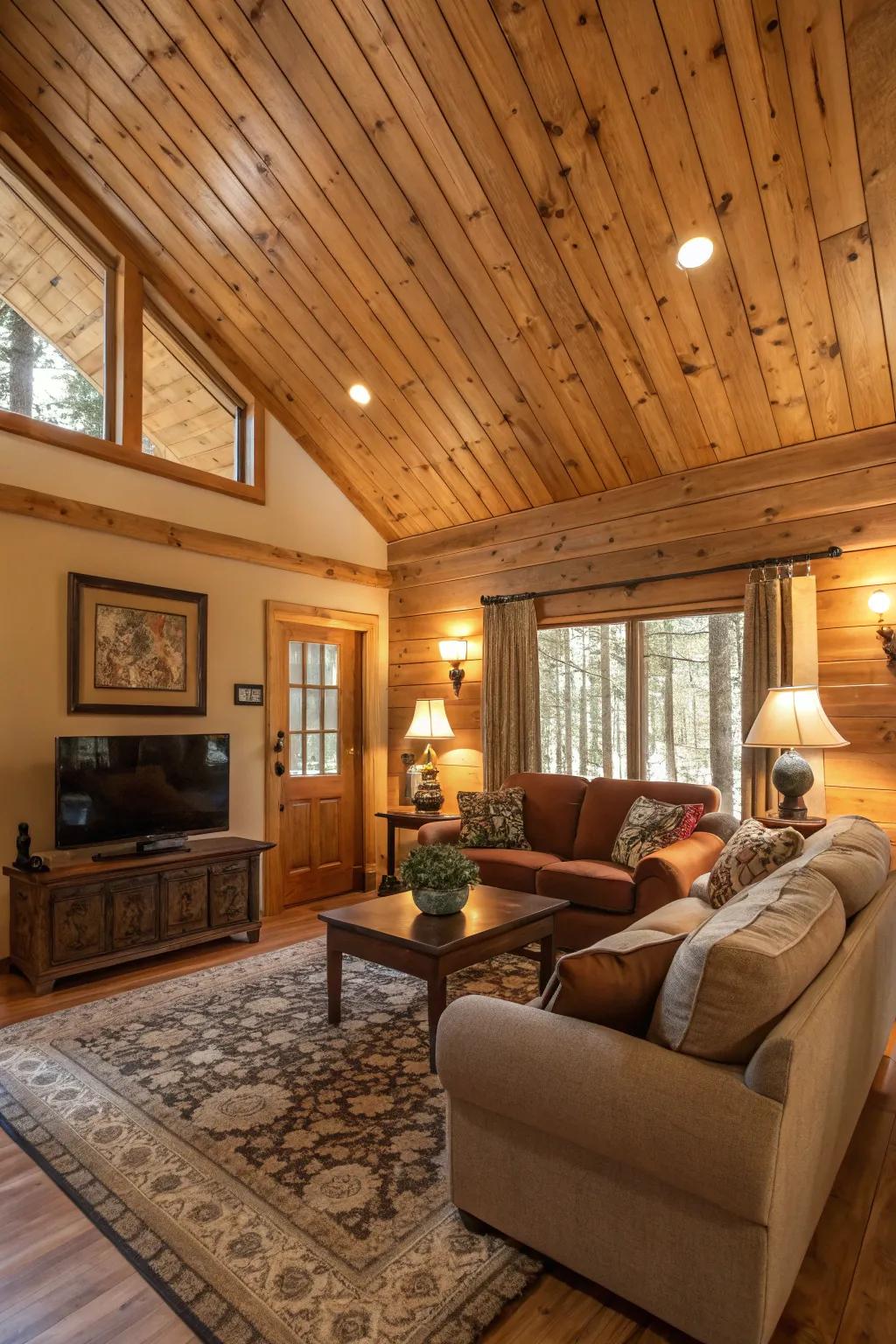Natural wood paneling adding warmth and texture to a living space.
