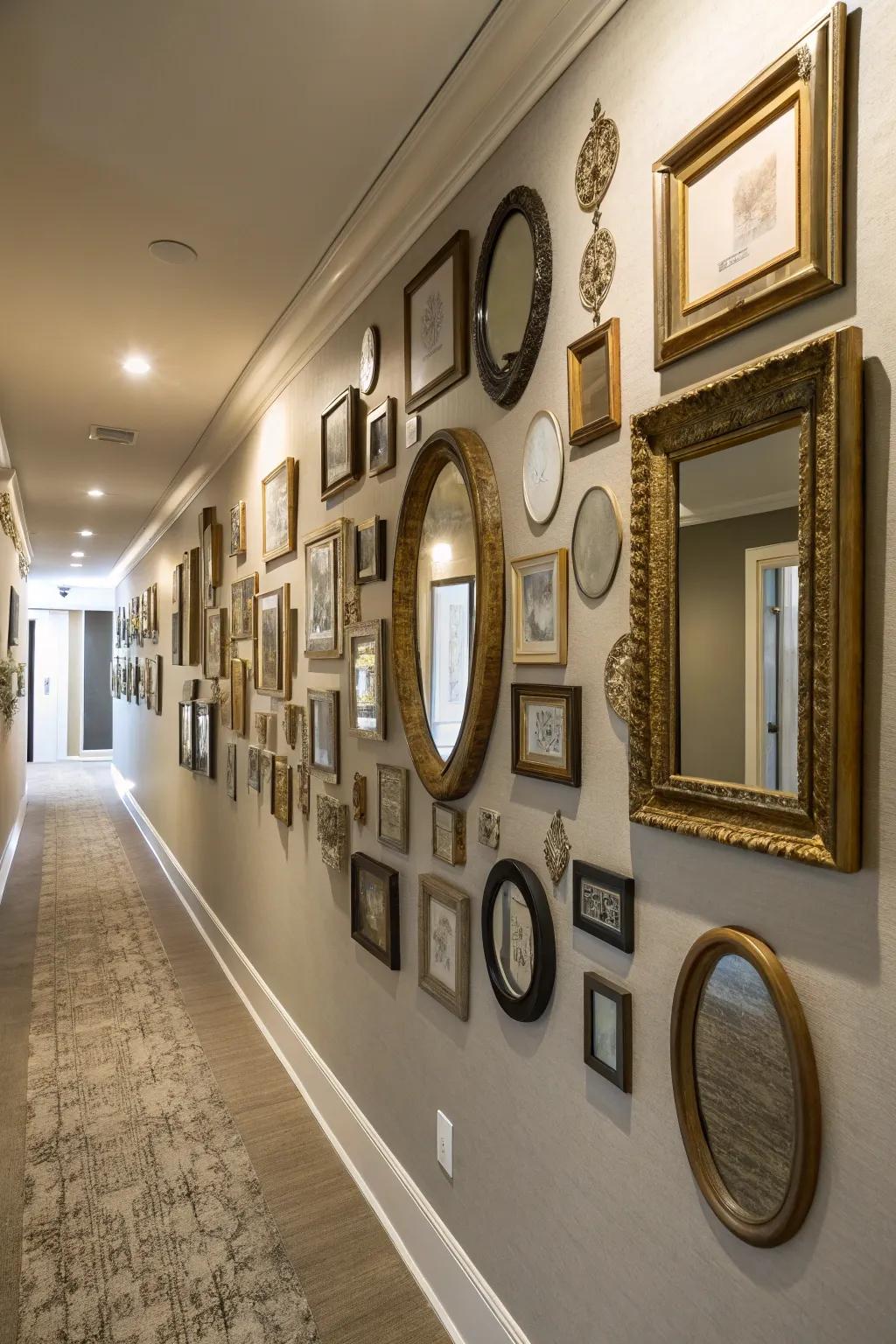A gallery wall of mirrors adds dynamic visual interest.