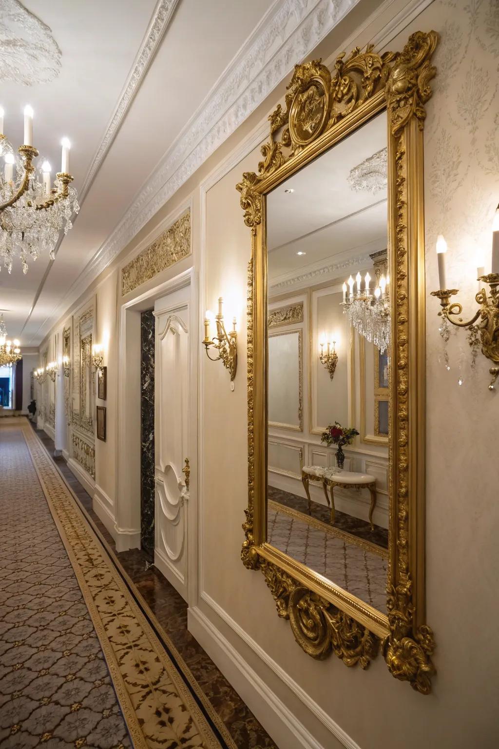 Gold-framed mirrors exude luxury and timeless style.
