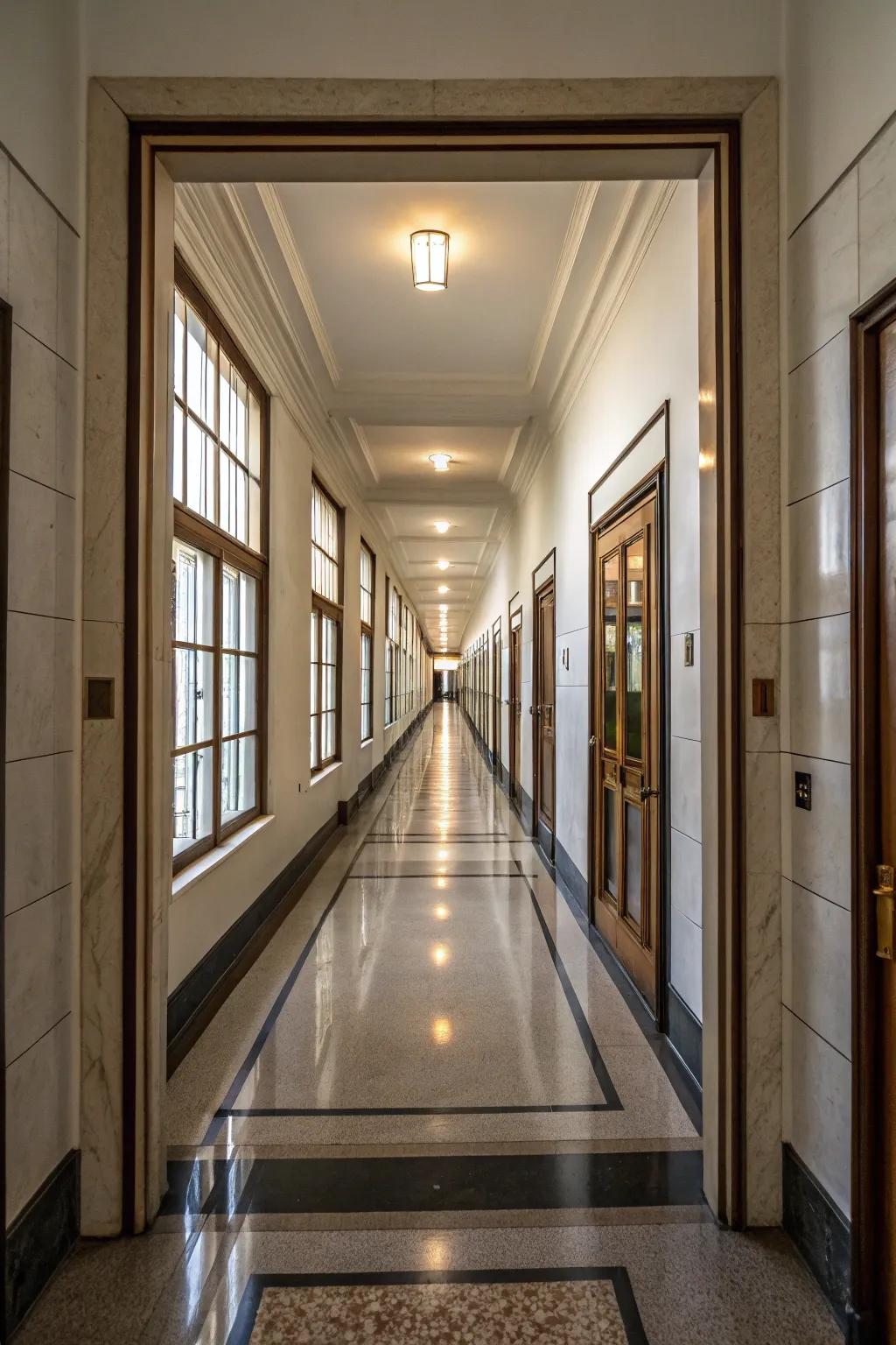 Mirrors at hallway ends create depth and elongation.