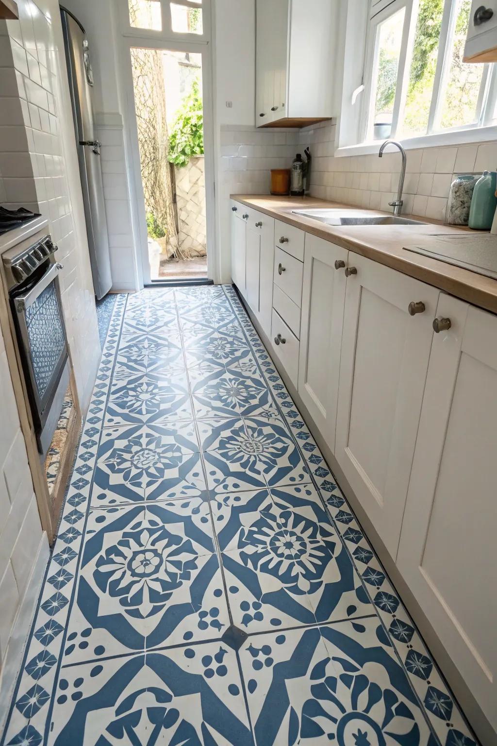 Patterned floors bring unique style to narrow kitchens.