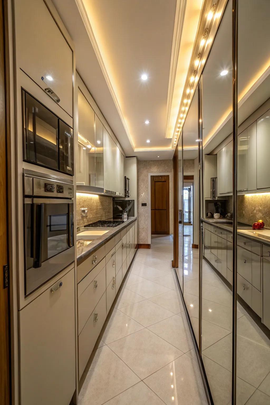 Mirrored surfaces visually enlarge narrow kitchens.