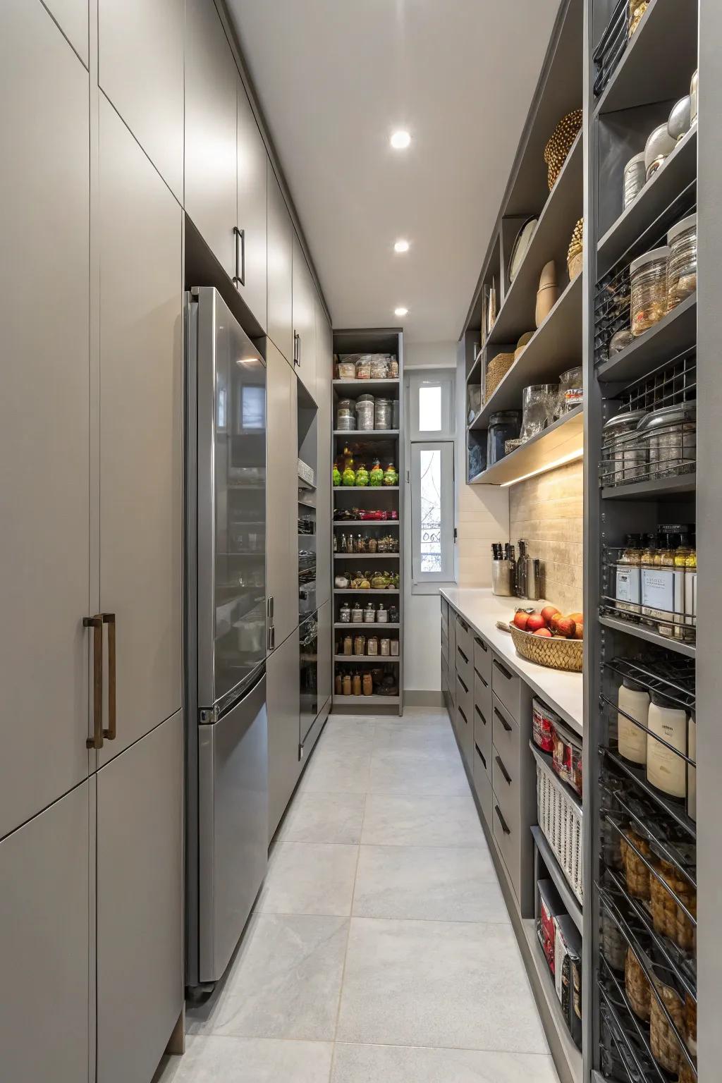 Vertical storage optimizes space in narrow kitchens.