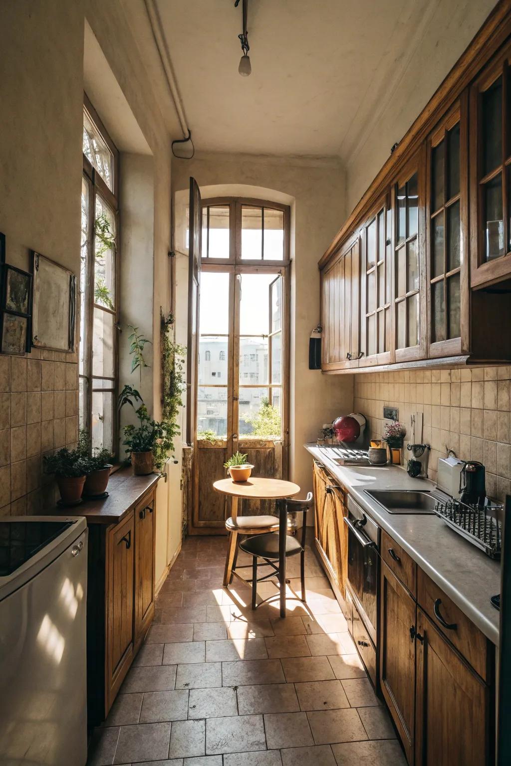 Natural light brightens and enlarges narrow kitchens.
