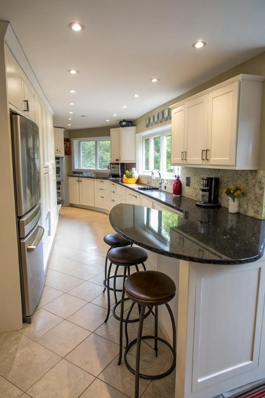 Curved islands improve kitchen movement and safety.