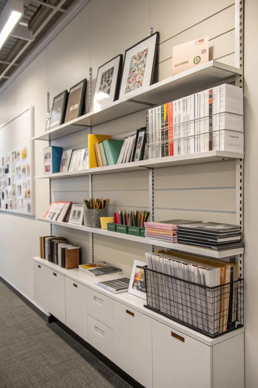 Well-arranged shelves keep design tools accessible and visually appealing.