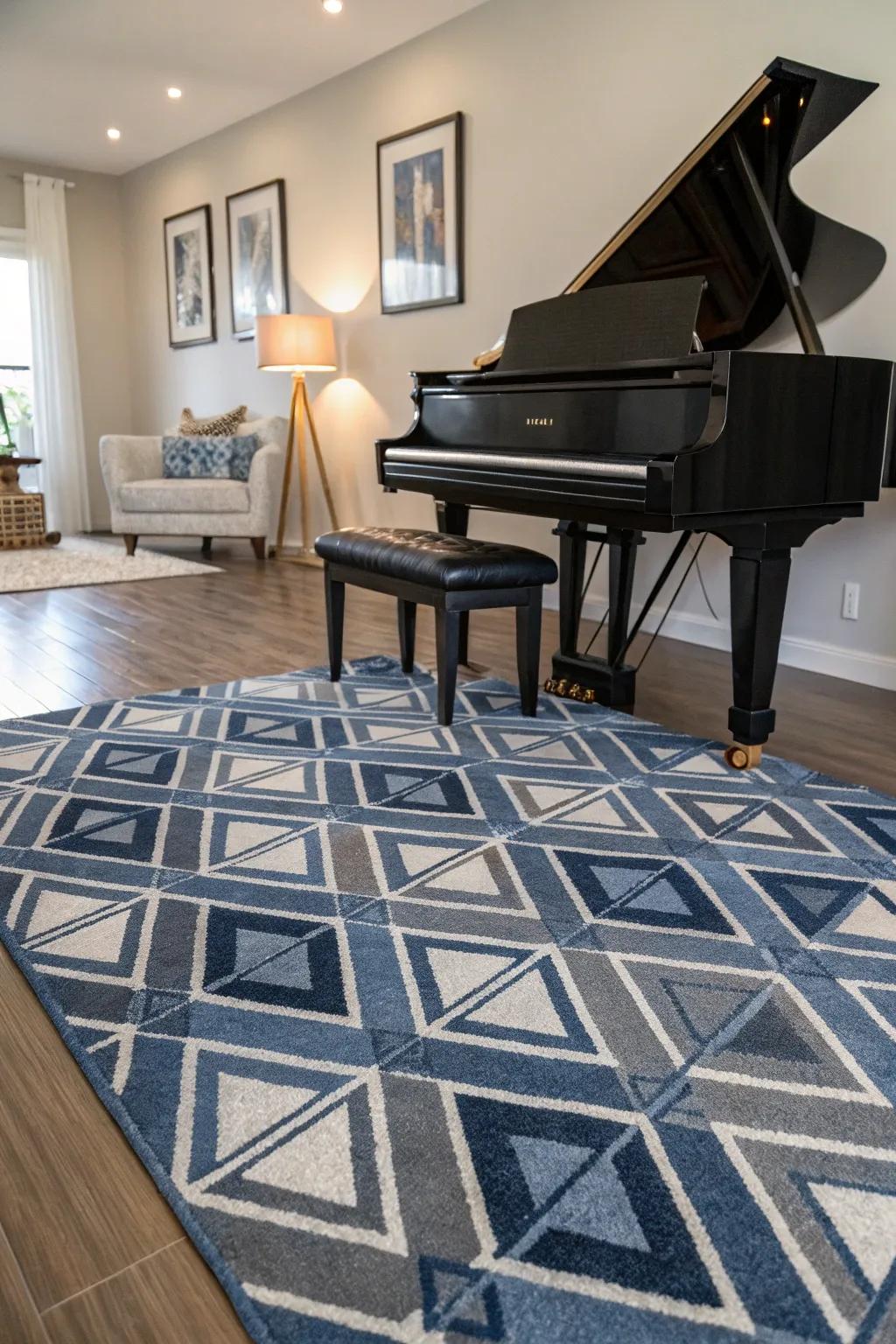 Patterned rug defining the piano space