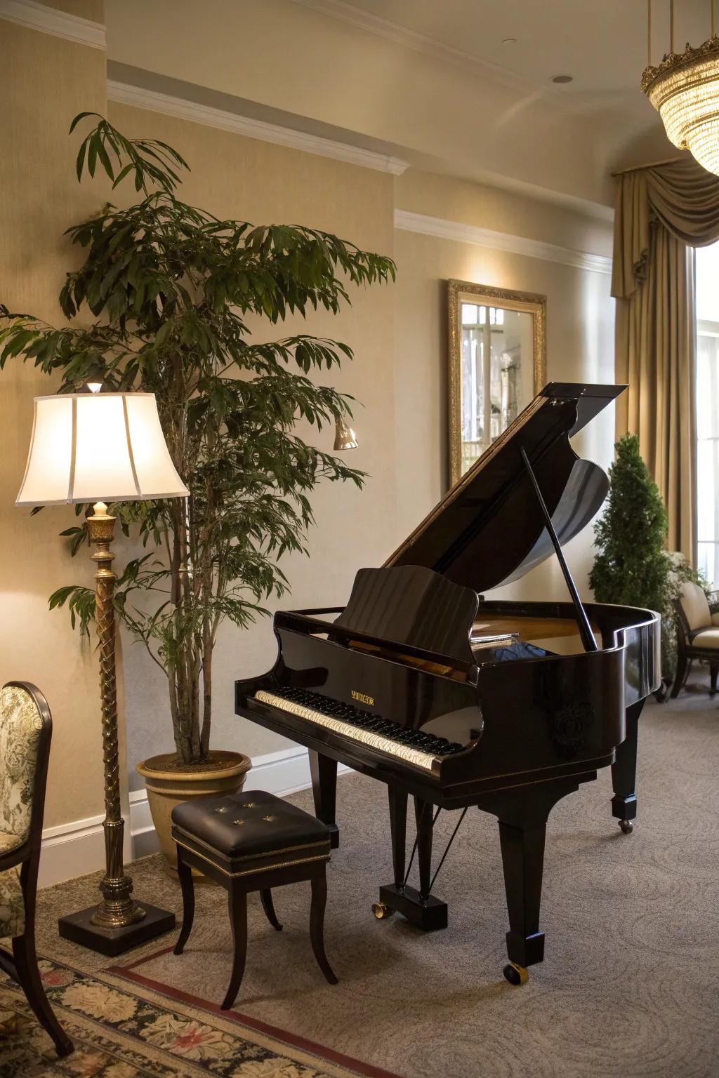 Tall decor enhancing room height around the piano