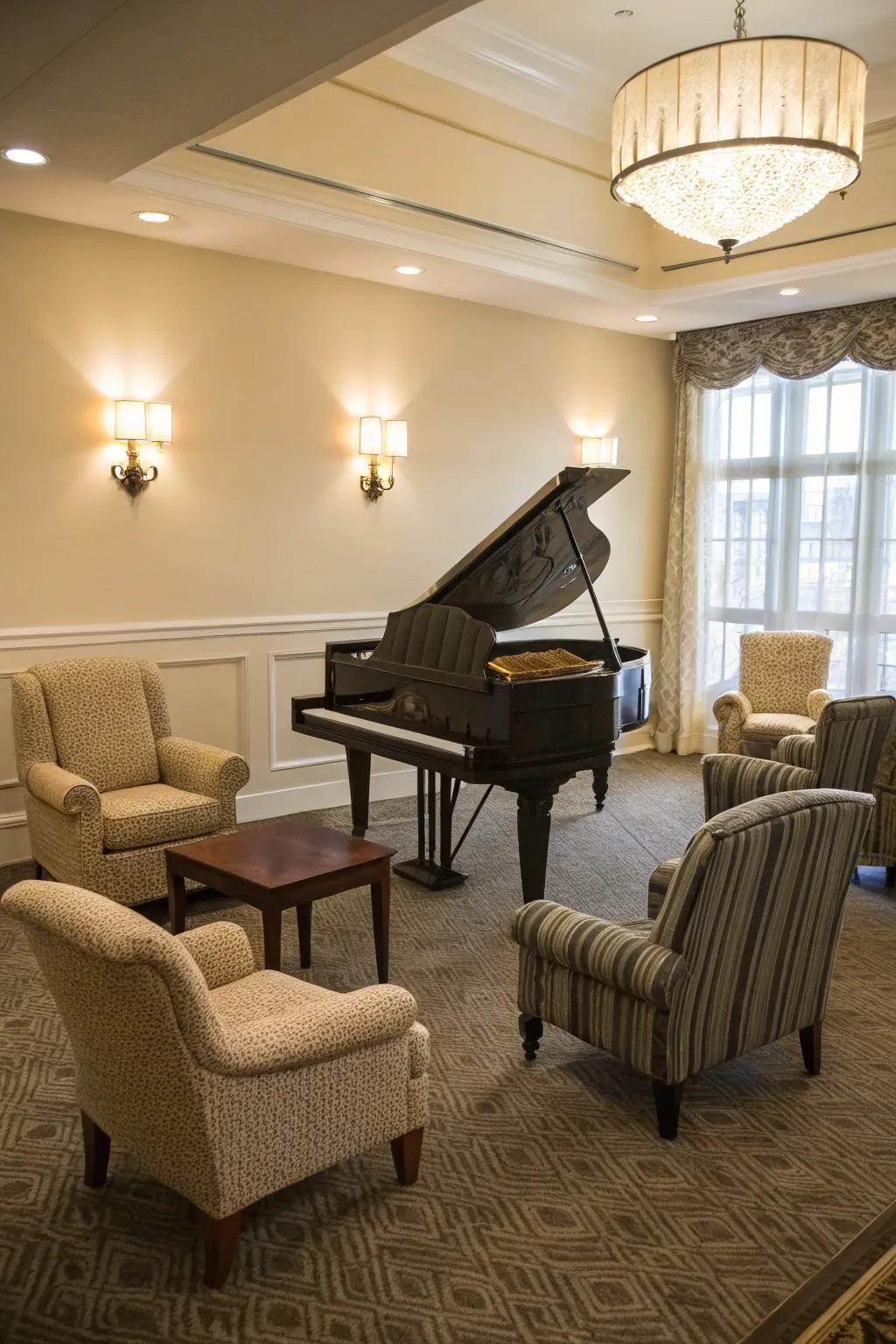 Seating area arranged around the piano for socializing