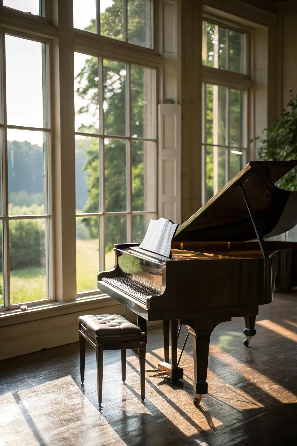 Natural sunlight illuminating the baby grand piano
