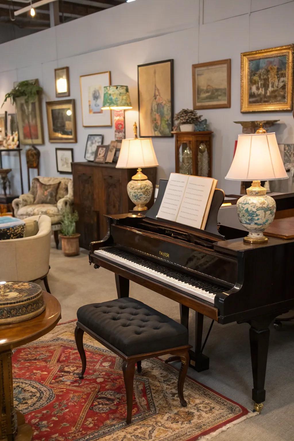 Eclectic decor blending styles around the piano