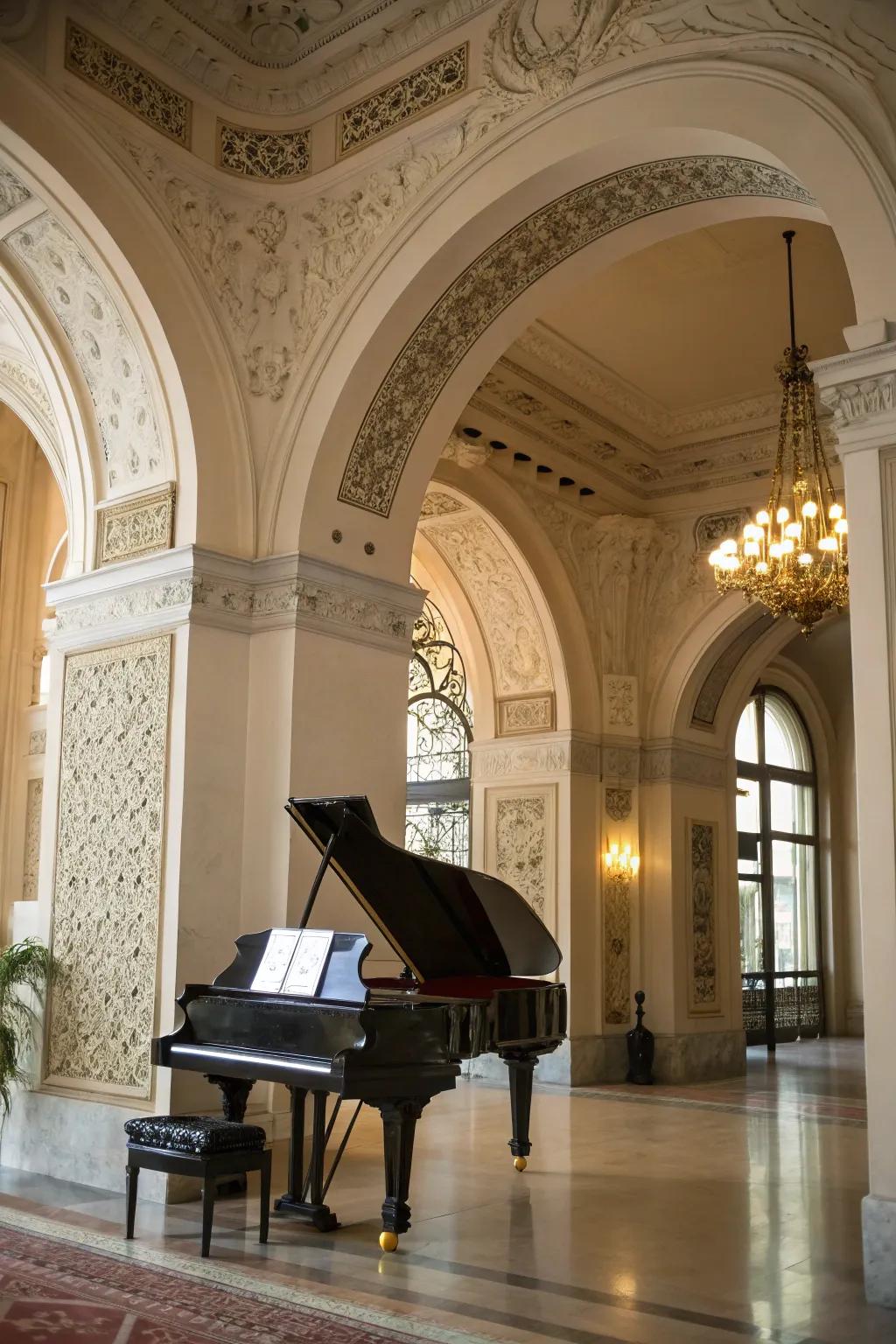 Piano placed near architectural features