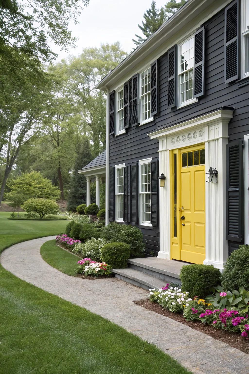 Charcoal shutters paired with a warm mustard door for a modern yet cozy look.