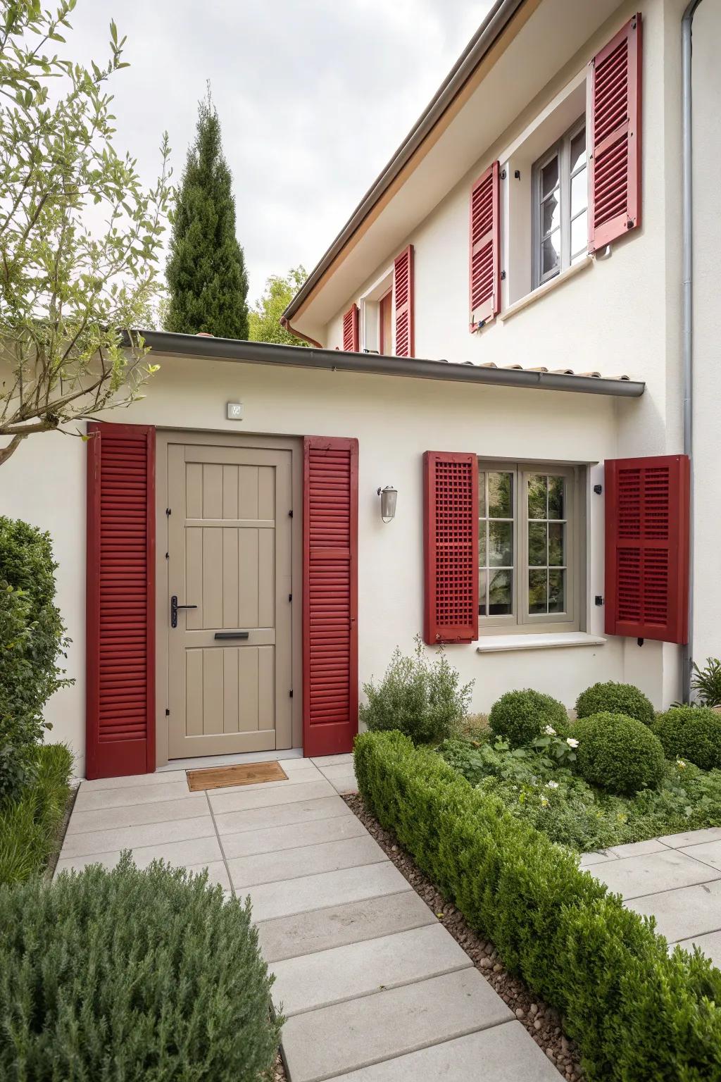 Vibrant red shutters with a neutral taupe door for a striking modern look.