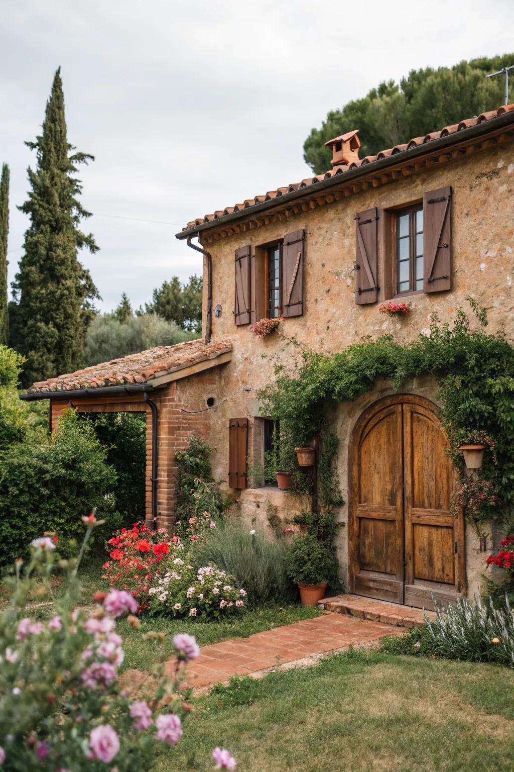 Earthy terracotta shutters paired with a natural wood door for a warm, organic feel.