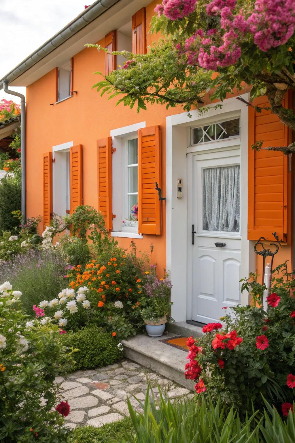 Bright orange shutters with a soft white door for a cheerful, inviting look.