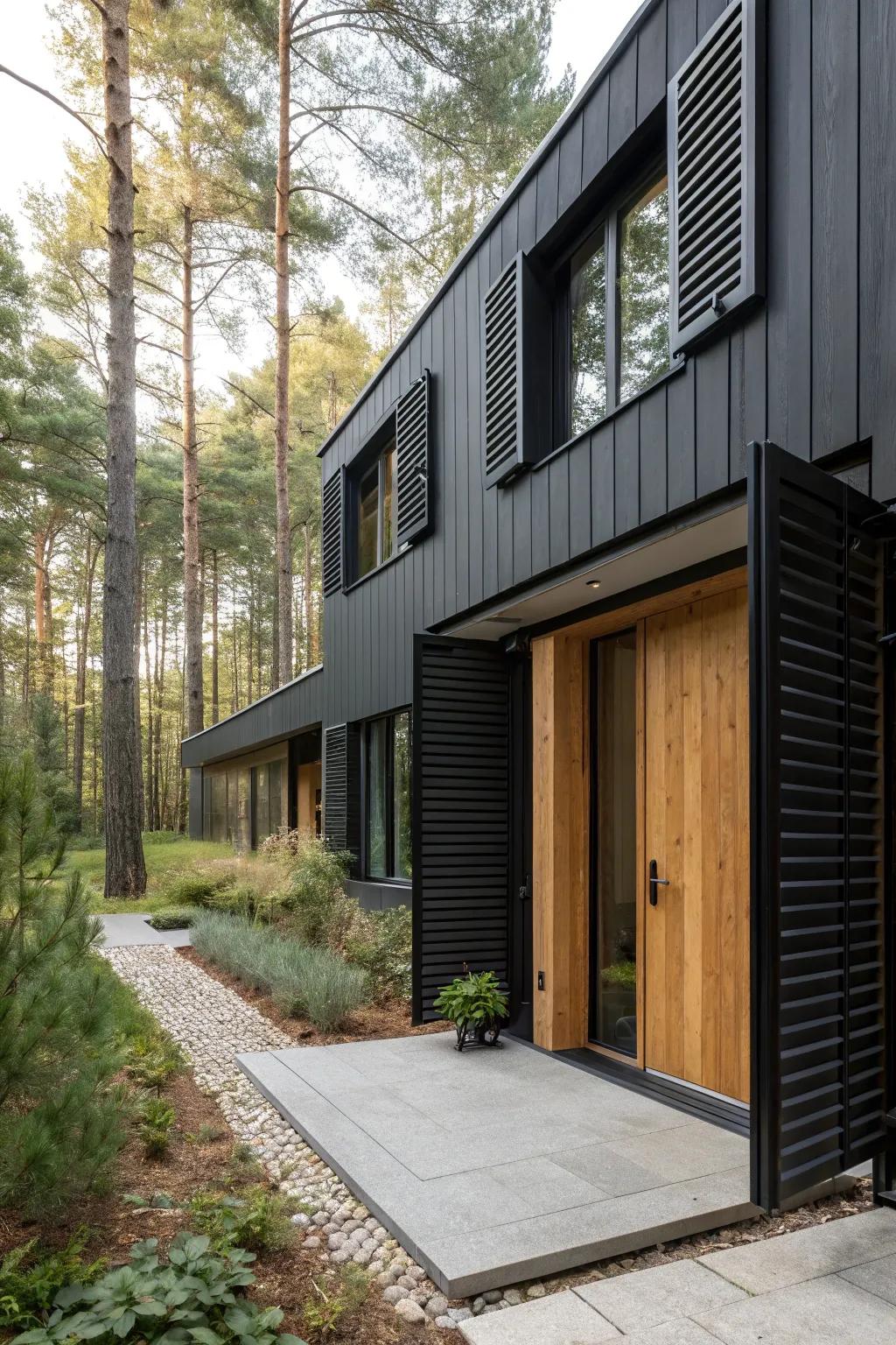 Sophisticated black shutters with a warm wood door for a refined look.