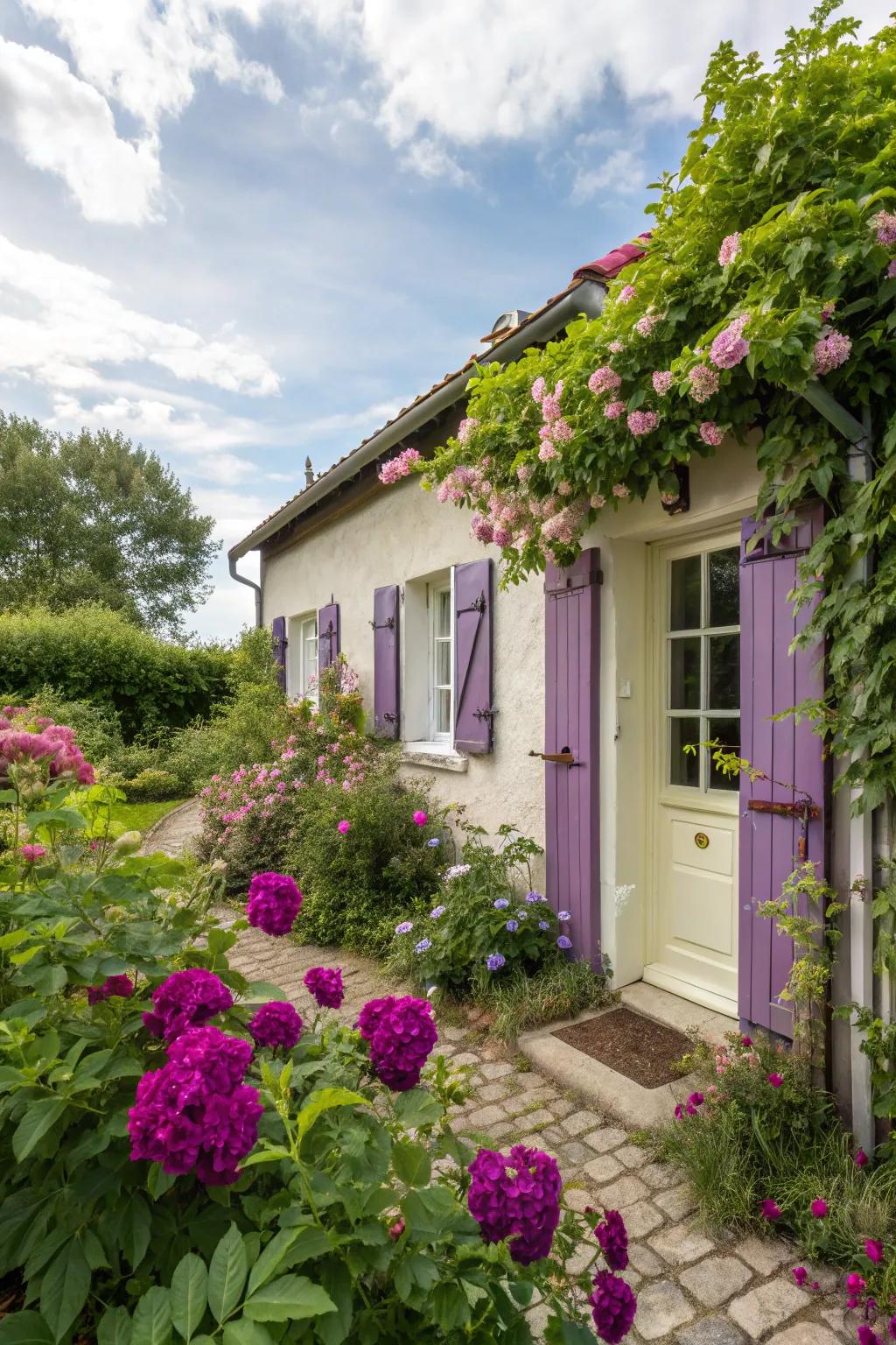 Enchanting purple shutters with a soft ivory door for a whimsical look.