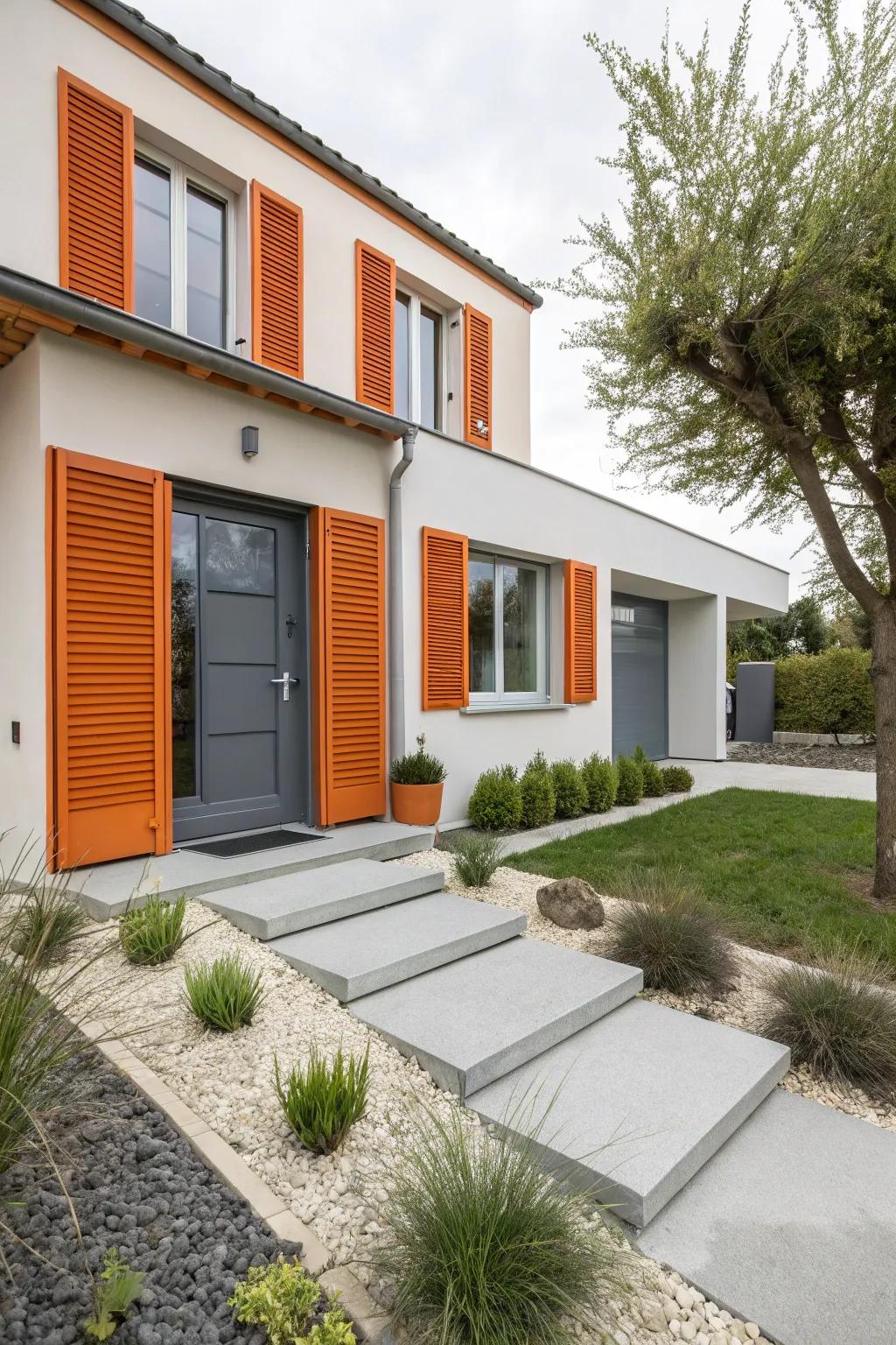 Energetic orange shutters with a neutral gray door for a modern look.