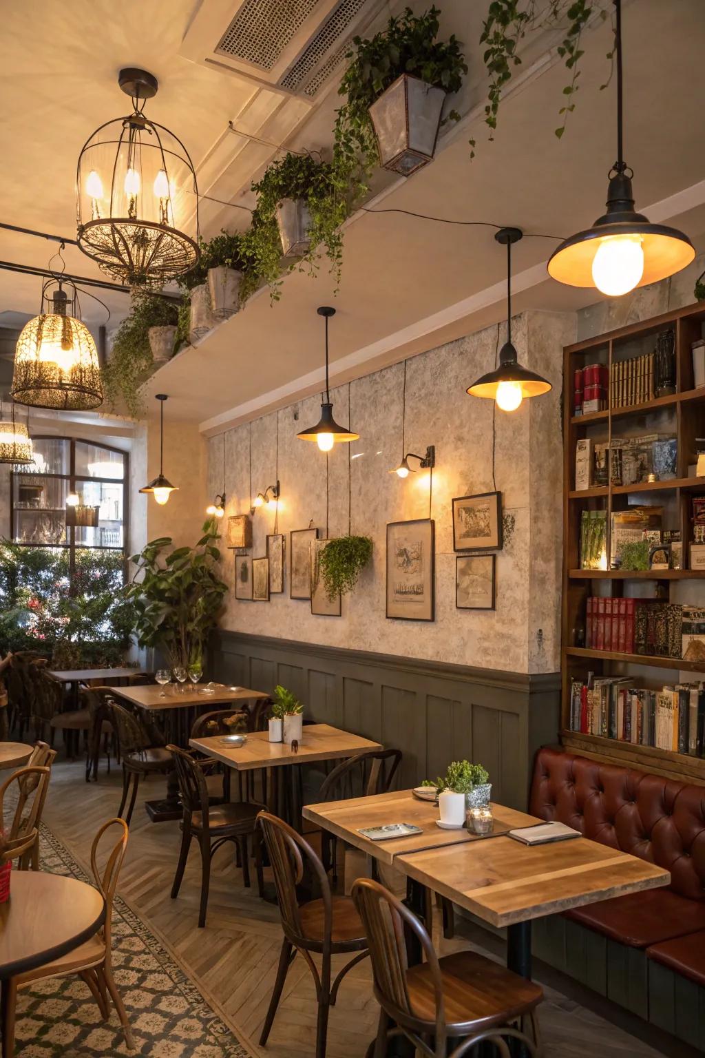 Cafe interior showcasing a blend of pendant, wall, and table lighting for layered effect.