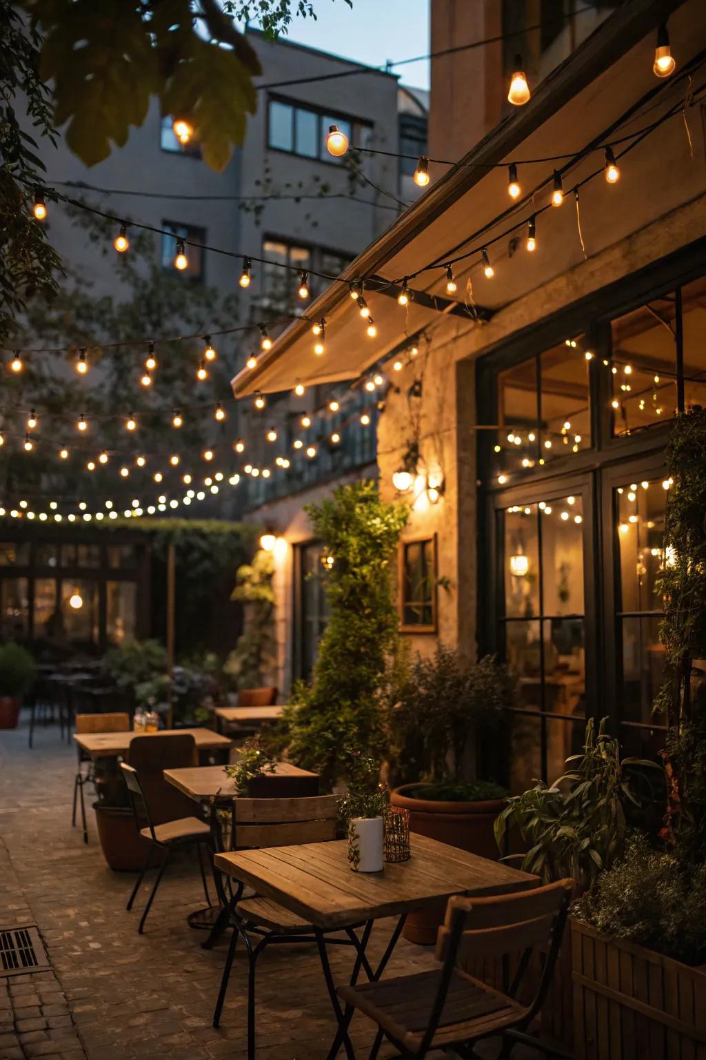 Flexible string lights enhancing both indoor and outdoor cafe areas.