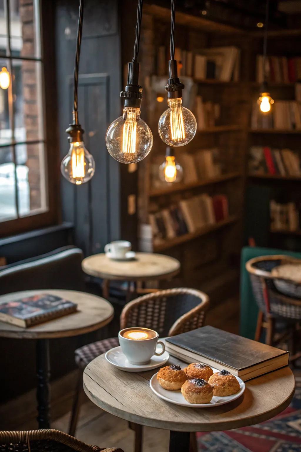 Warm, exposed Edison bulbs creating a cozy cafe atmosphere.