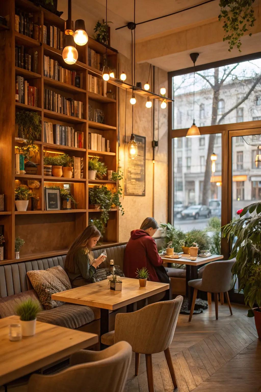 Cafe interior bathed in warm, amber-toned lighting for a cozy feel.