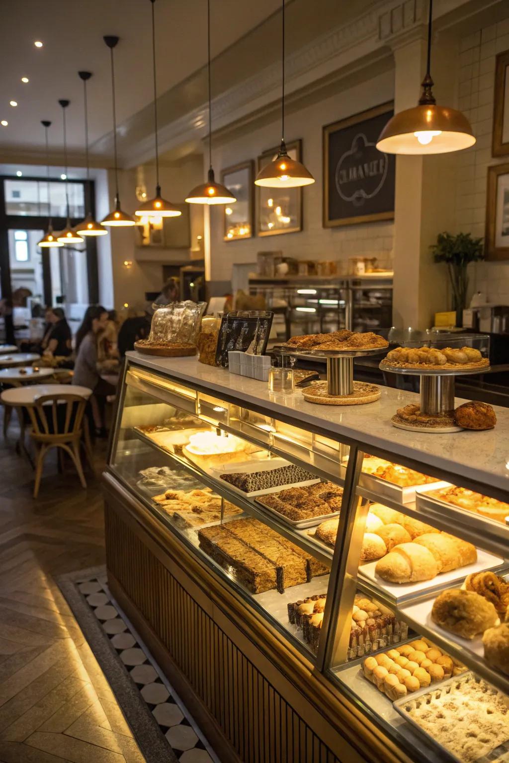 Under-cabinet lighting highlighting baked goods in a cafe.