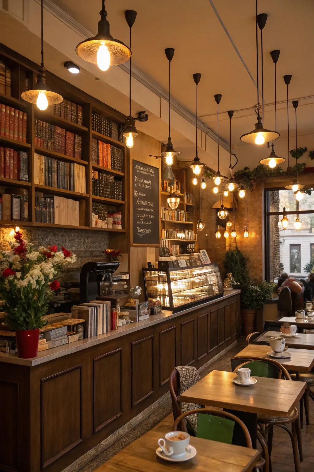 Cafe with adjustable lighting fixtures to tailor ambiance throughout the day.