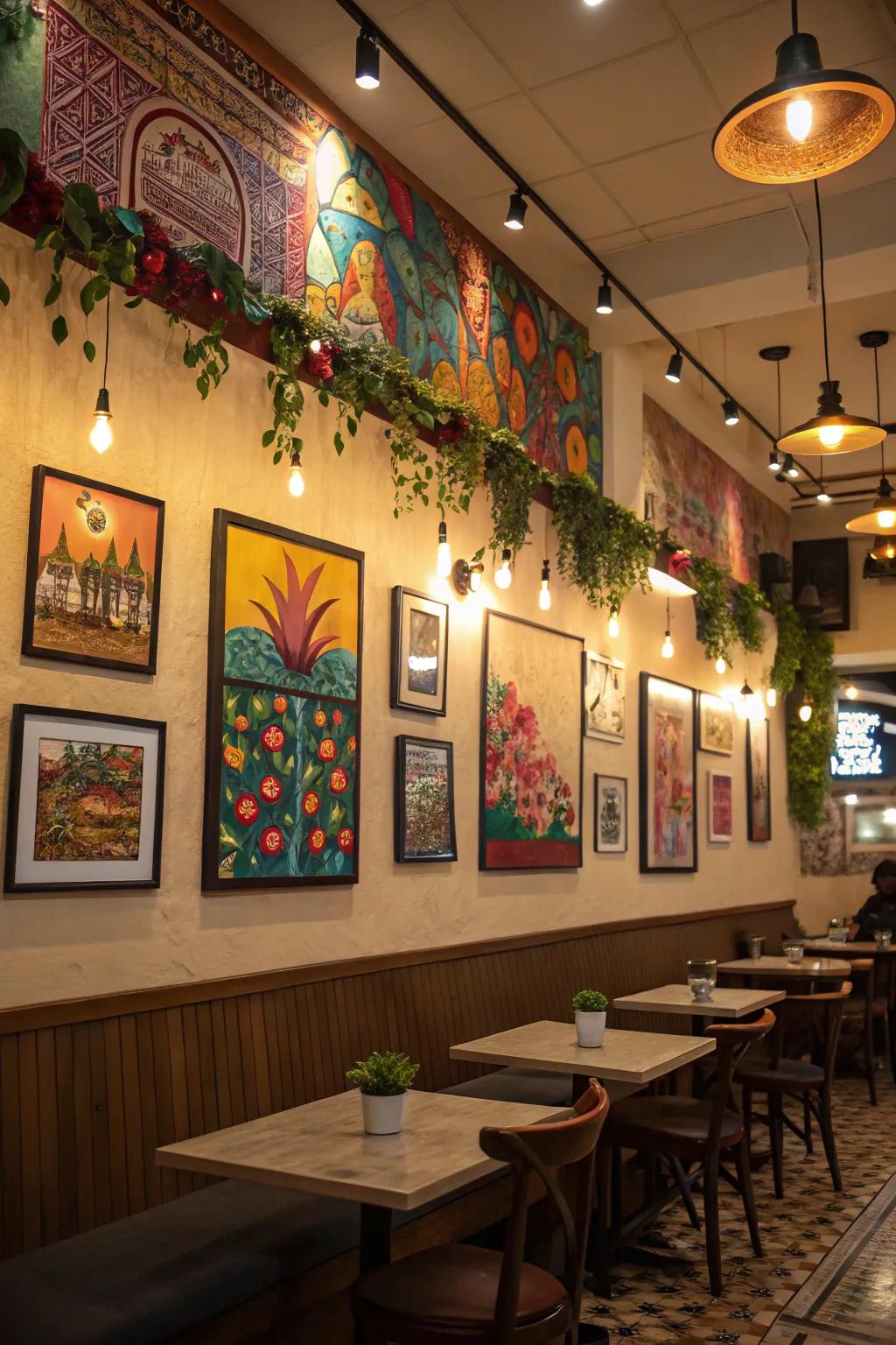 Art pieces in a cafe highlighted by focused accent lighting.