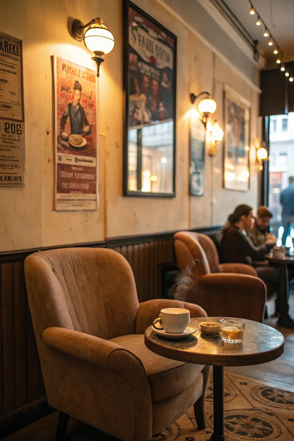 A quiet, cozy nook in a cafe illuminated by gentle lighting.