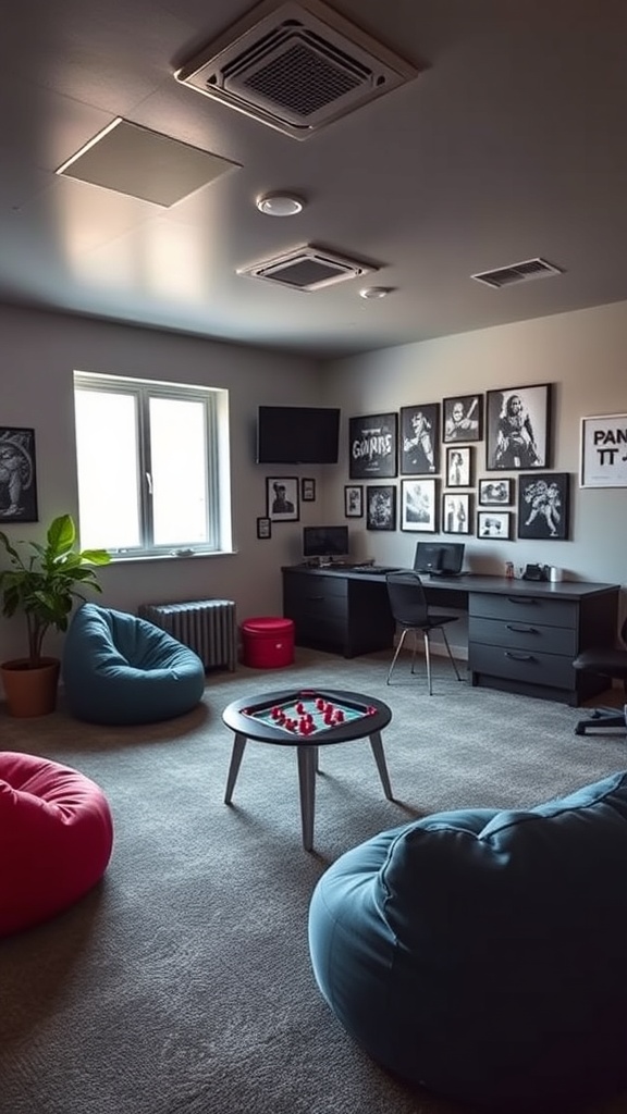 A cozy teenage boys' gaming room featuring bean bags, a small table, and wall art.